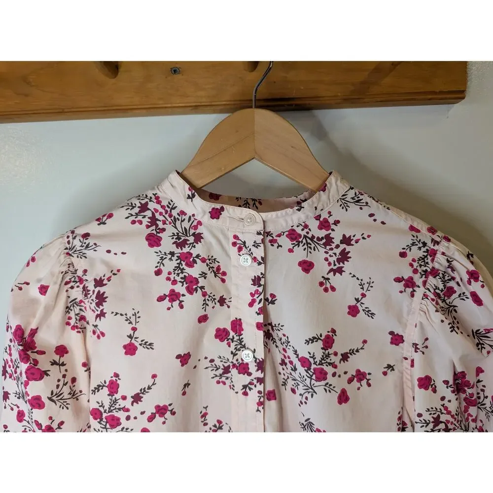 J.Crew Collarless Puff Sleeve Shirt Budding Floral Blush Pink Size 8